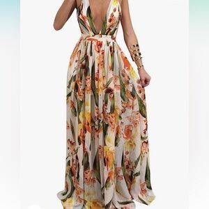 NWOT Sexy Spaghetti Strap V-Neck Backless Chiffon BOHO Maxi Dress Size XL